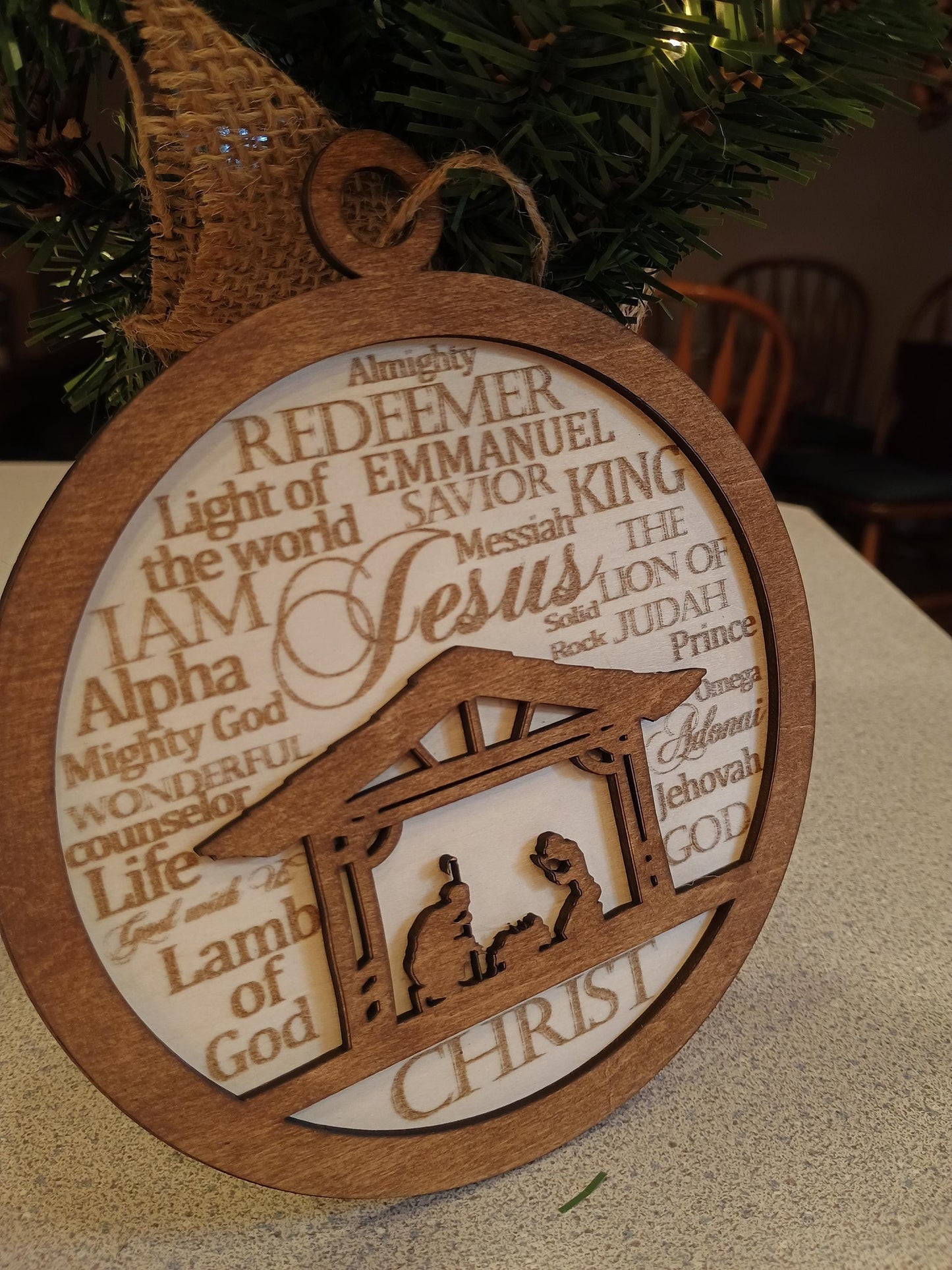 Nativity Christmas Ornament with Names of God Laser Engraved Wooden Nativity Ornament Layered Wooden Nativity Ornament Manger Scene Ornament