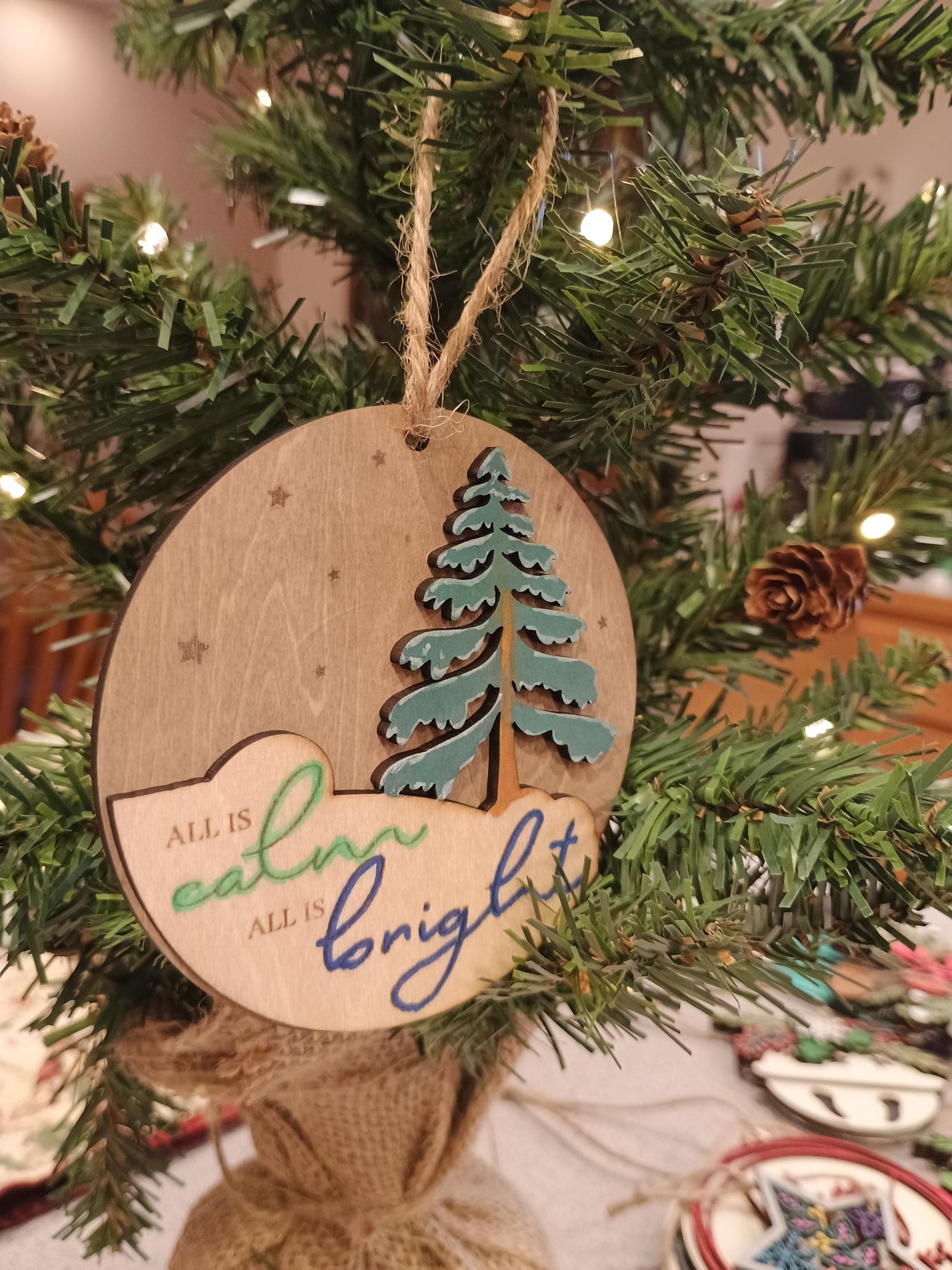 Nativity Christmas Ornament with Names of God Laser Engraved Wooden Nativity Ornament Layered Wooden Nativity Ornament Manger Scene Ornament