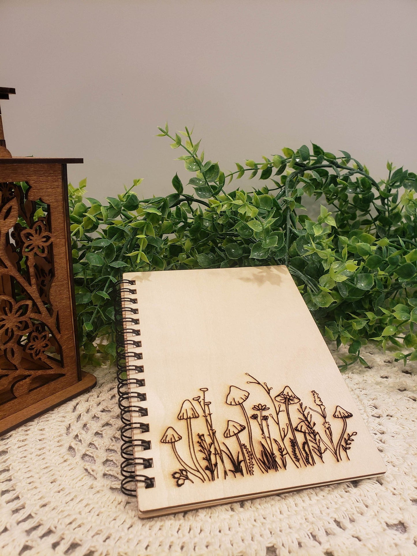 Wooden Notebook Mushroom Engraved Wooden Spiral Notebook Wooden Mushroom Journal Wooden Junk Journal Laser Engraved Wooden Mushroom Journal