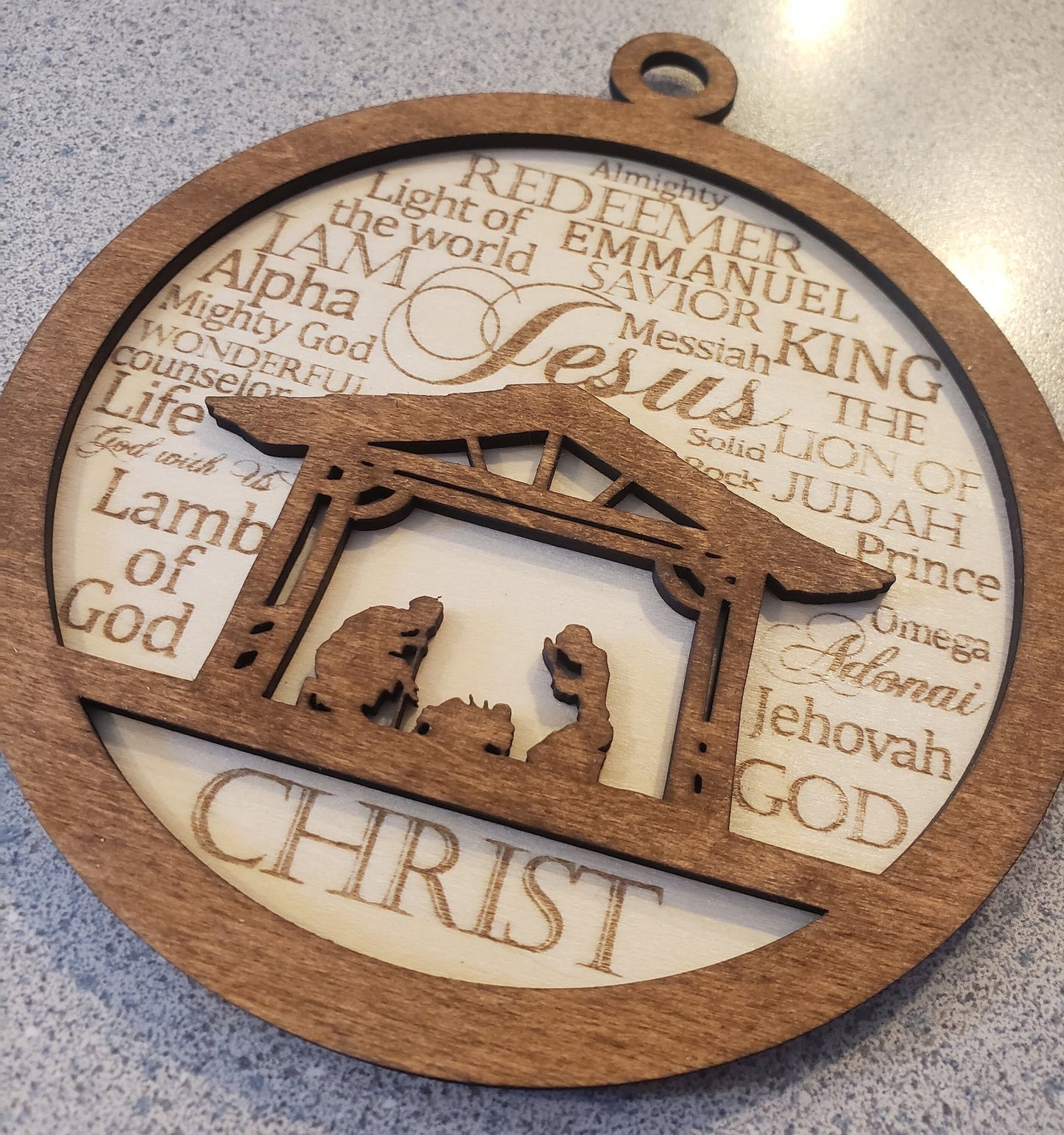Nativity Christmas Ornament with Names of God Laser Engraved Wooden Nativity Ornament Layered Wooden Nativity Ornament Manger Scene Ornament