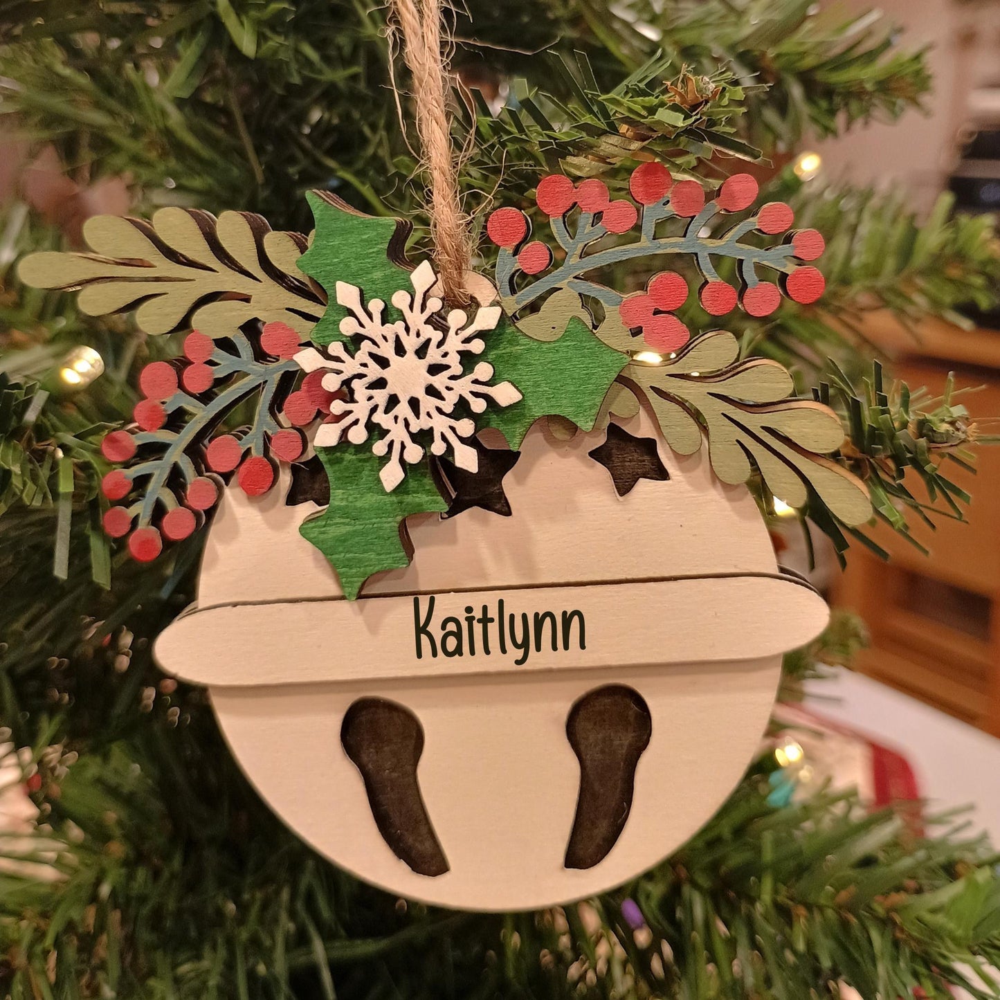 Jingle Bell Ornament Rustic Christmas Ornament Personalized Ornament Silver Bell Mistletoe Christmas Ornament Custom Made Wood Ornament