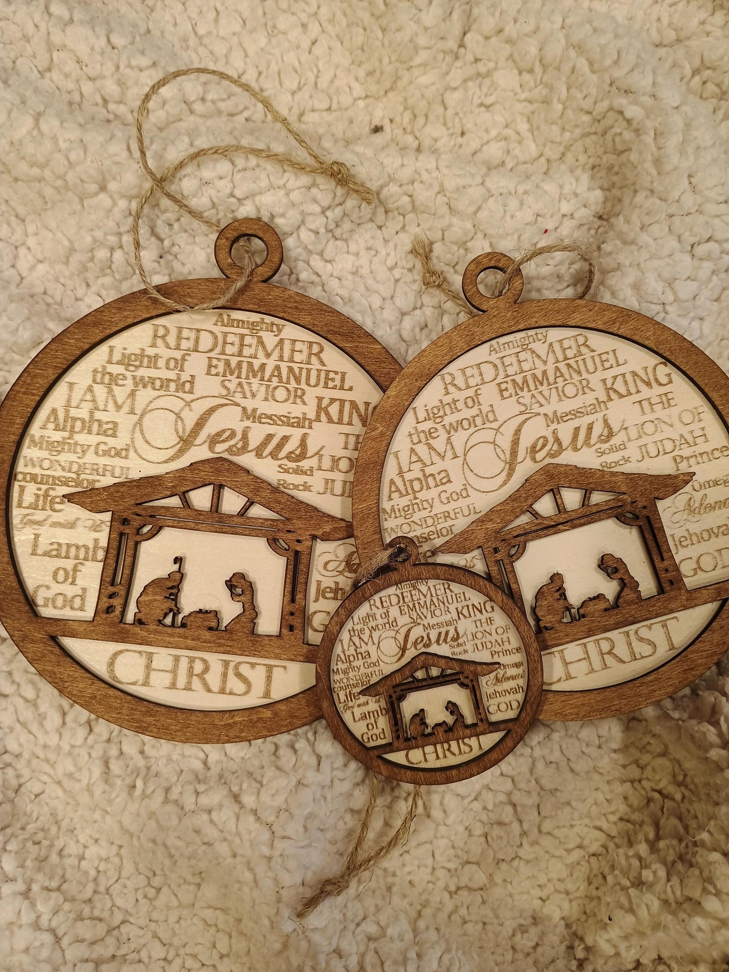 Nativity Christmas Ornament with Names of God Laser Engraved Wooden Nativity Ornament Layered Wooden Nativity Ornament Manger Scene Ornament