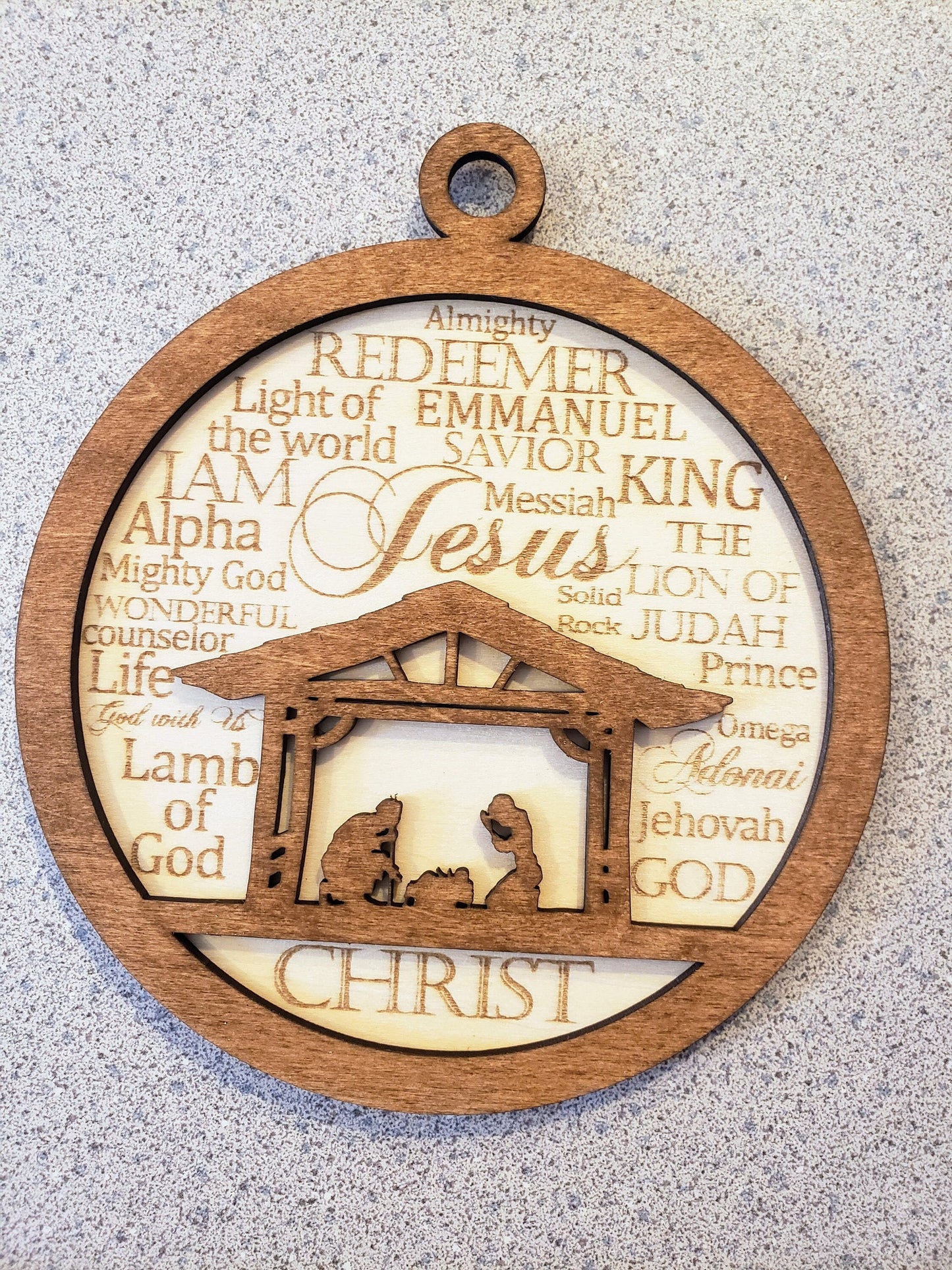 Nativity Christmas Ornament with Names of God Laser Engraved Wooden Nativity Ornament Layered Wooden Nativity Ornament Manger Scene Ornament