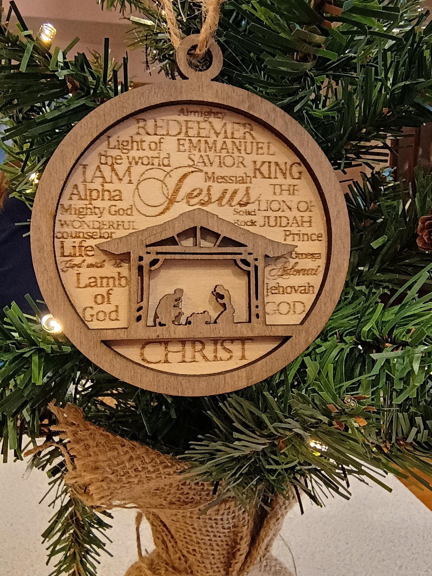Nativity Christmas Ornament with Names of God Laser Engraved Wooden Nativity Ornament Layered Wooden Nativity Ornament Manger Scene Ornament