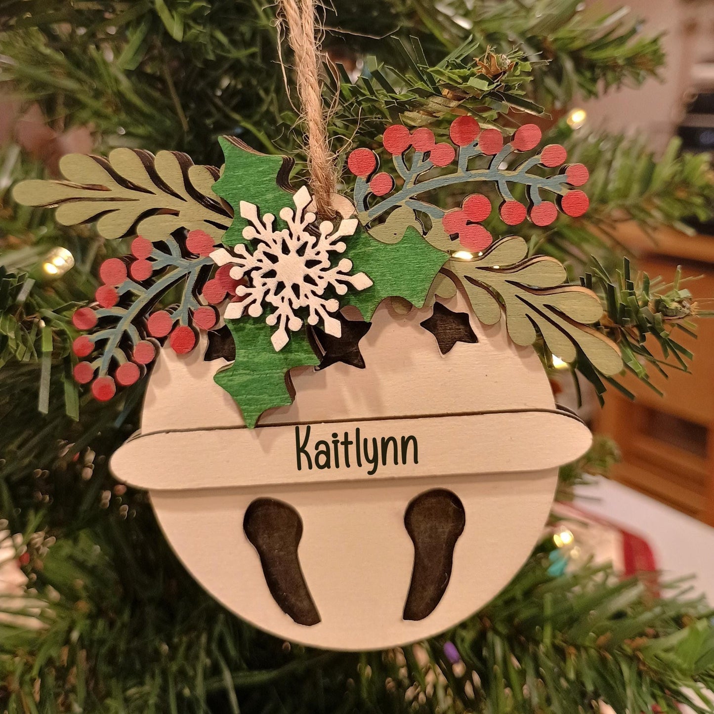 Personalized Ornament Jingle Bell Ornament Colorful Christmas Ornament Jingle Bell Mistletoe Christmas Ornament Custom Made Wood Ornament