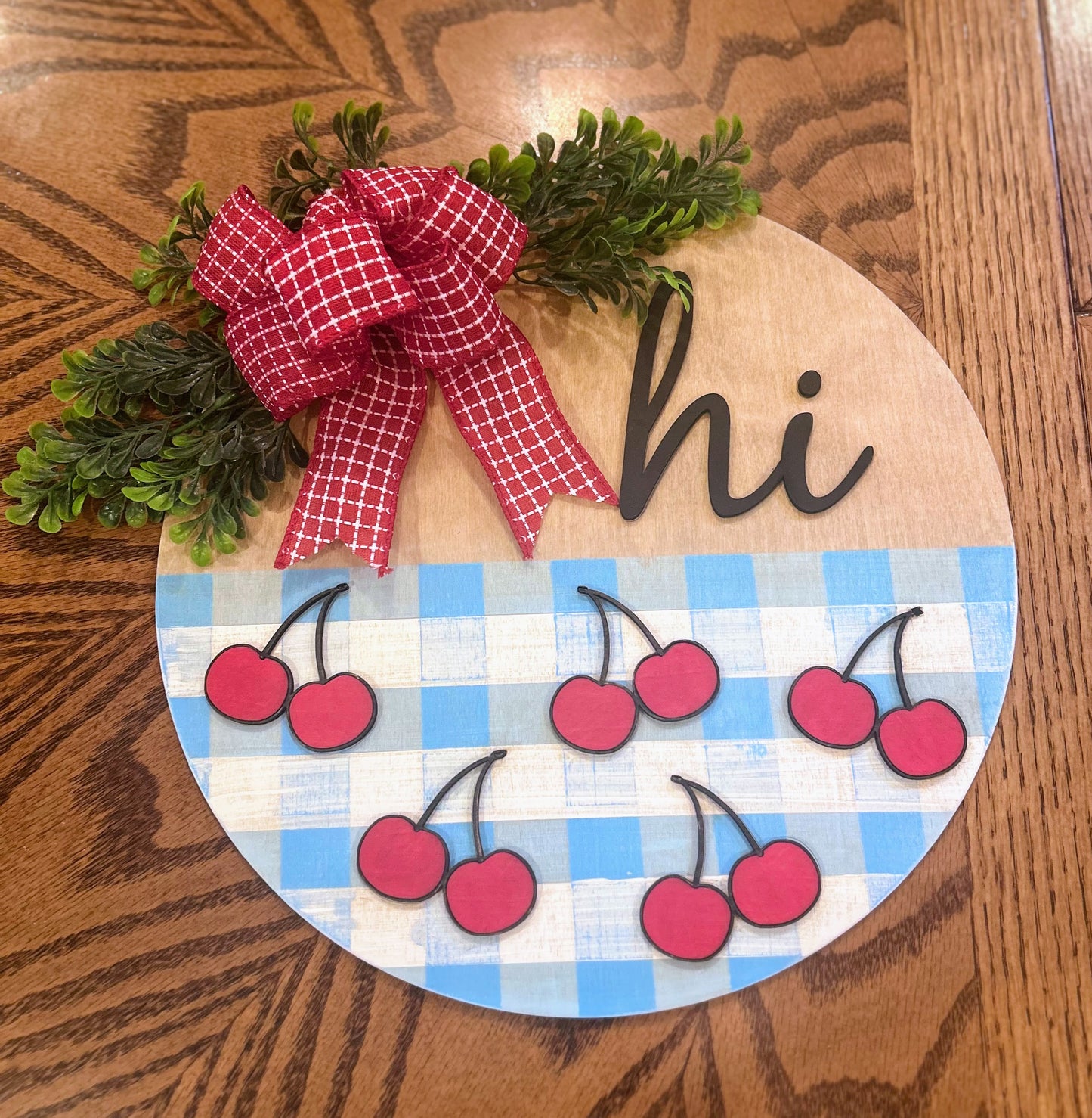 Cherries & Blue Gingham Welcome Sign Cherries Blue Plaid Door Hanger Cherry Wall Decor Layered Welcome Sign Welcome Round