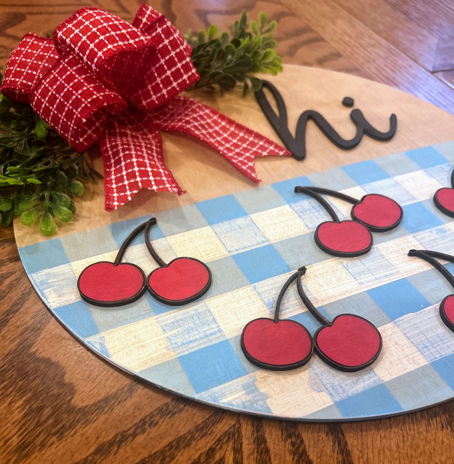 Cherries & Blue Gingham Welcome Sign Cherries Blue Plaid Door Hanger Cherry Wall Decor Layered Welcome Sign Welcome Round