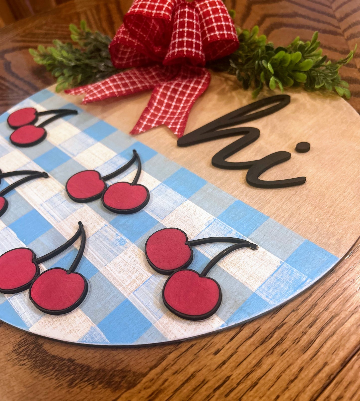 Cherries & Blue Gingham Welcome Sign Cherries Blue Plaid Door Hanger Cherry Wall Decor Layered Welcome Sign Welcome Round