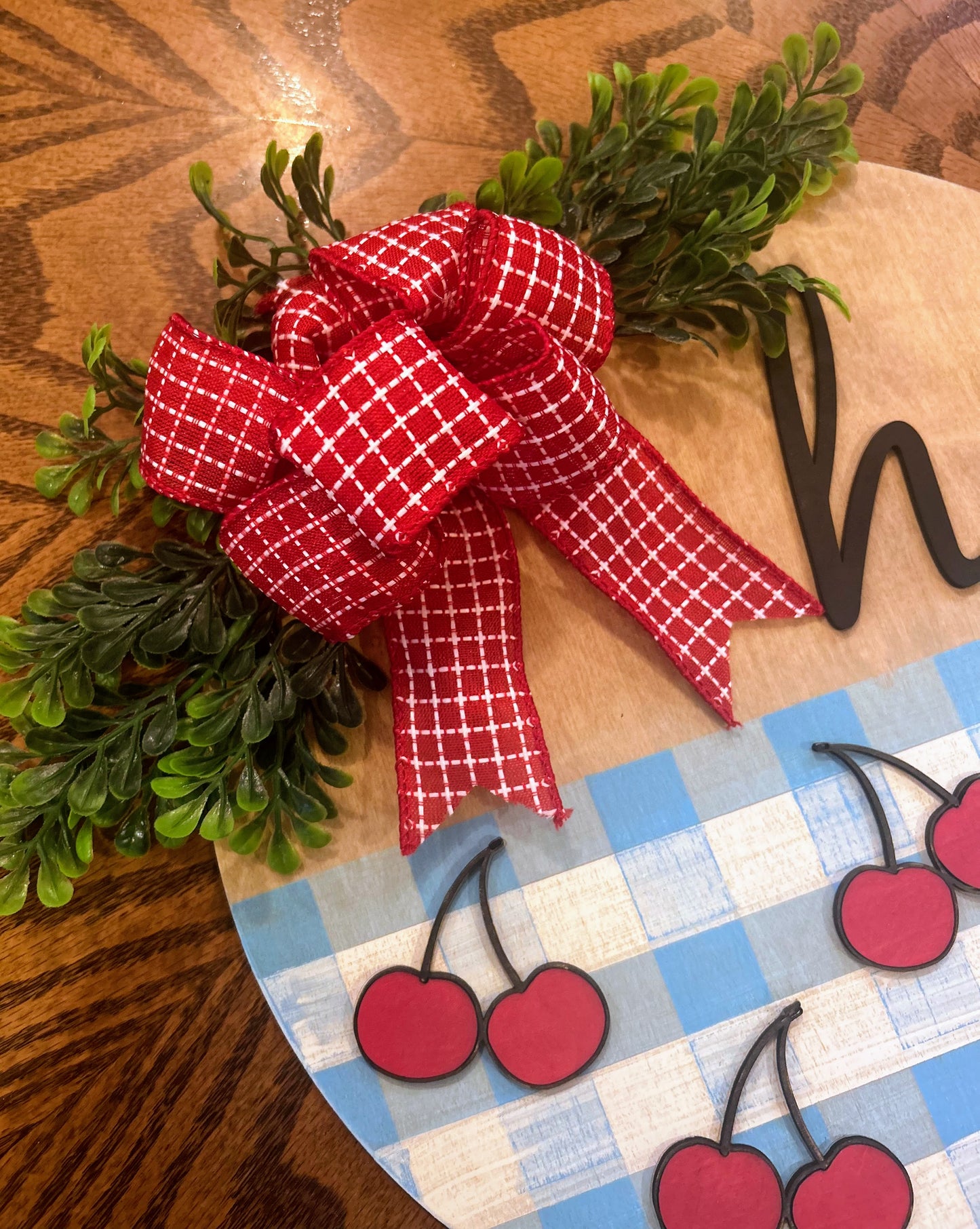 Cherries & Blue Gingham Welcome Sign Cherries Blue Plaid Door Hanger Cherry Wall Decor Layered Welcome Sign Welcome Round