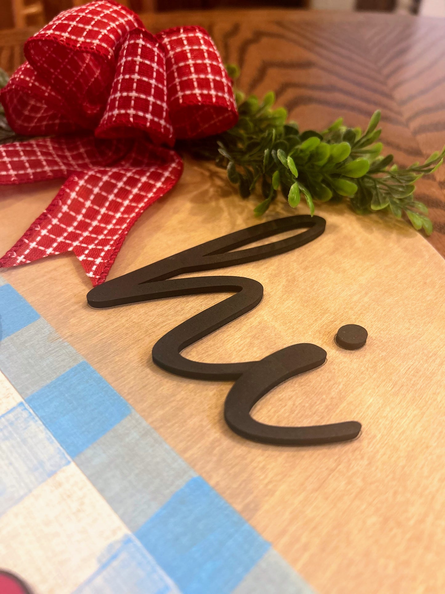Cherries & Blue Gingham Welcome Sign Cherries Blue Plaid Door Hanger Cherry Wall Decor Layered Welcome Sign Welcome Round