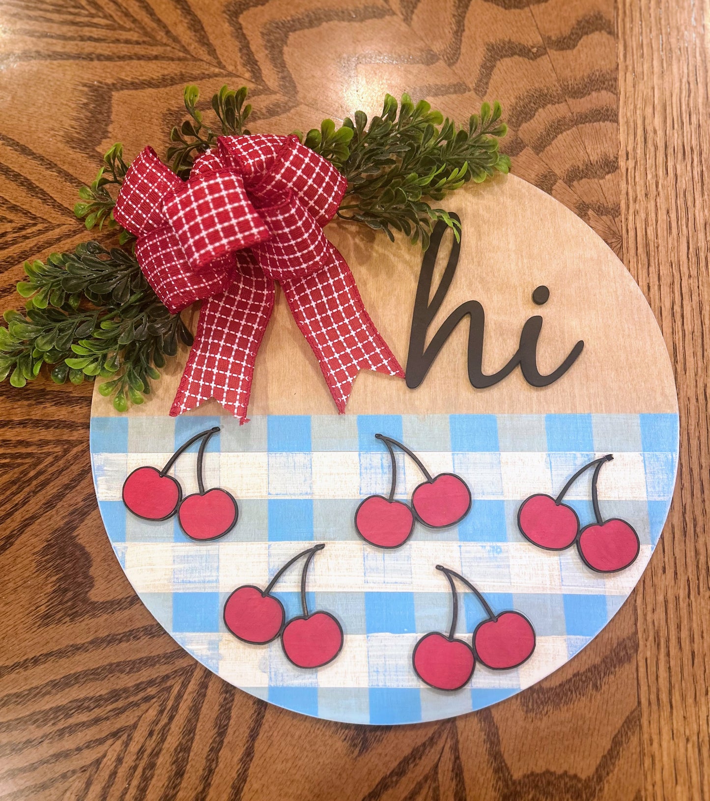 Cherries & Blue Gingham Welcome Sign Cherries Blue Plaid Door Hanger Cherry Wall Decor Layered Welcome Sign Welcome Round