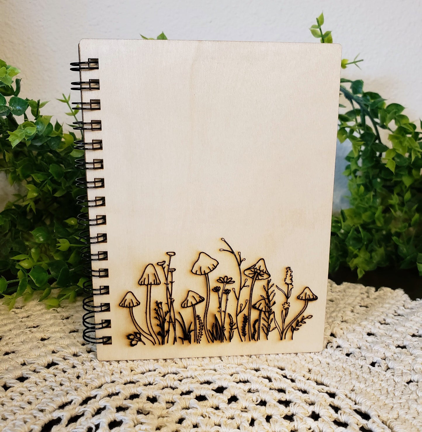 Wooden Notebook Mushroom Engraved Wooden Spiral Notebook Wooden Mushroom Journal Wooden Junk Journal Laser Engraved Wooden Mushroom Journal