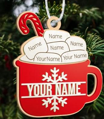 Personalized Christmas Ornament Hot Cocoa Mug Personalized Marshmallows Cozy Holiday Vibes Ornament Layered Wood Ornament Laser Engraved