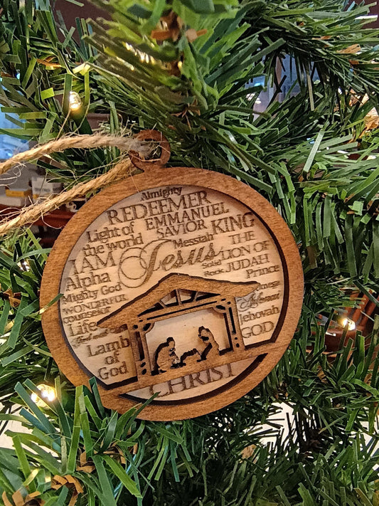 Nativity Christmas Ornament with Names of God Laser Engraved Wooden Nativity Ornament Layered Wooden Nativity Ornament Manger Scene Ornament