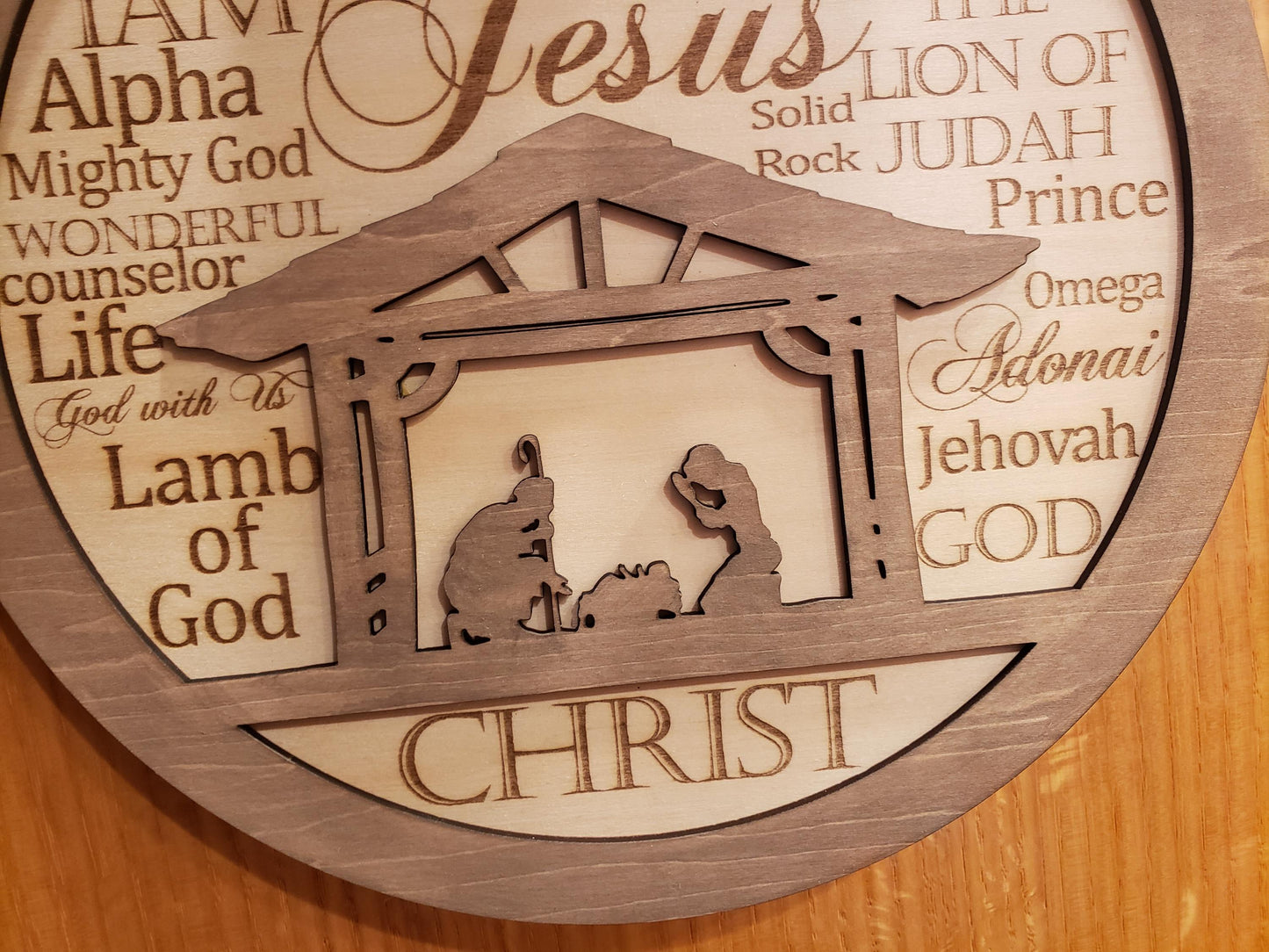 Nativity Christmas Wall Sign with Names of God Laser Engraved Wooden Nativity Wall Decor Layered Wooden Nativity Door Hanger Manger Scene