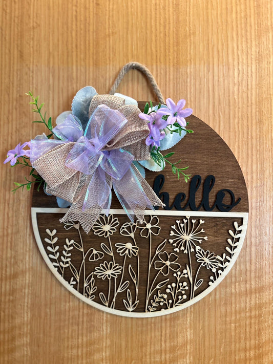 Purple Floral Welcome Sign, Spring Door Hanger, Floral Porch Sign, Floral Spring Welcome Sign, Layered Wooden Welcome Sign, Summer Door Hanger