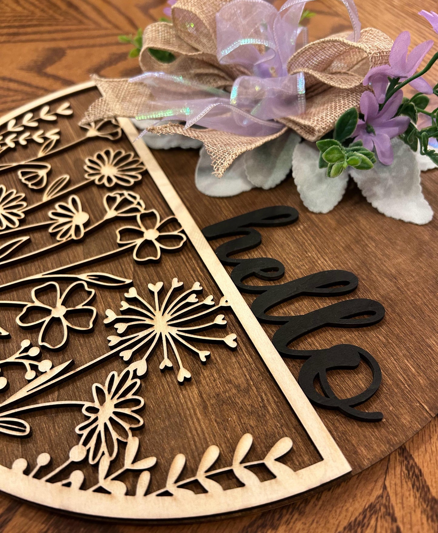 Purple Floral Welcome Sign, Spring Door Hanger, Floral Porch Sign, Floral Spring Welcome Sign, Layered Wooden Welcome Sign, Summer Door Hanger