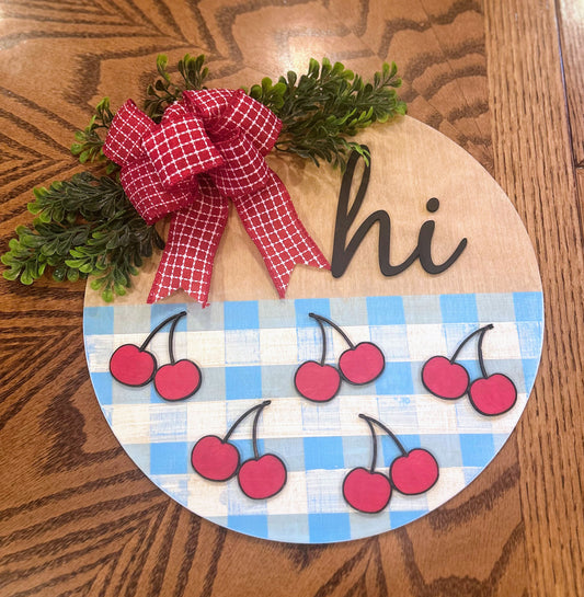 Cherries & Blue Gingham Welcome Sign Cherries Blue Plaid Door Hanger Cherry Wall Decor Layered Welcome Sign Welcome Round
