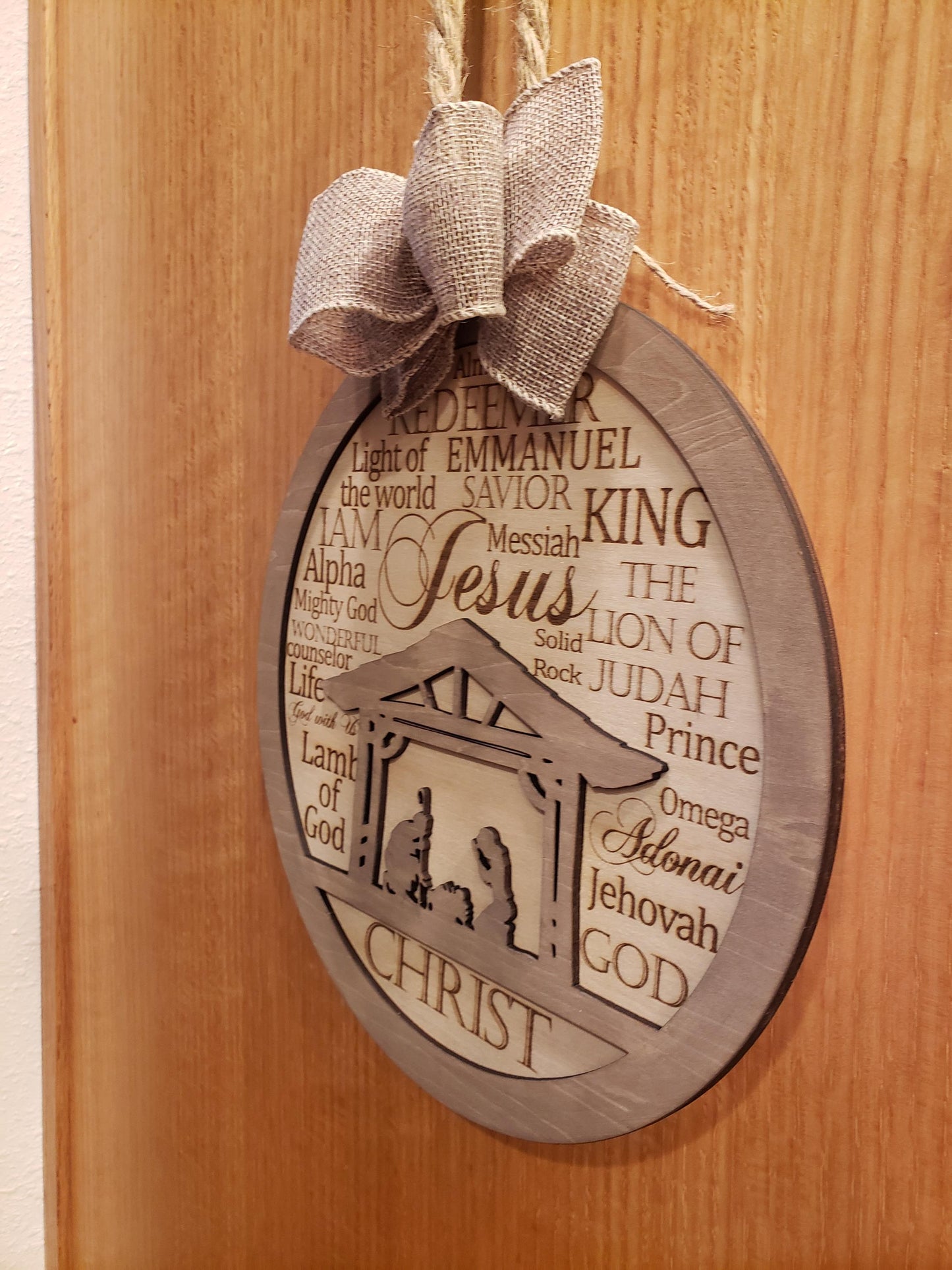 Nativity Christmas Wall Sign with Names of God Laser Engraved Wooden Nativity Wall Decor Layered Wooden Nativity Door Hanger Manger Scene